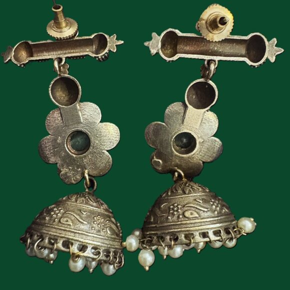 Handmade Silver Green Turquoise gems Jhumka Earrings with Pearl Accents EUC - Picture 9 of 12